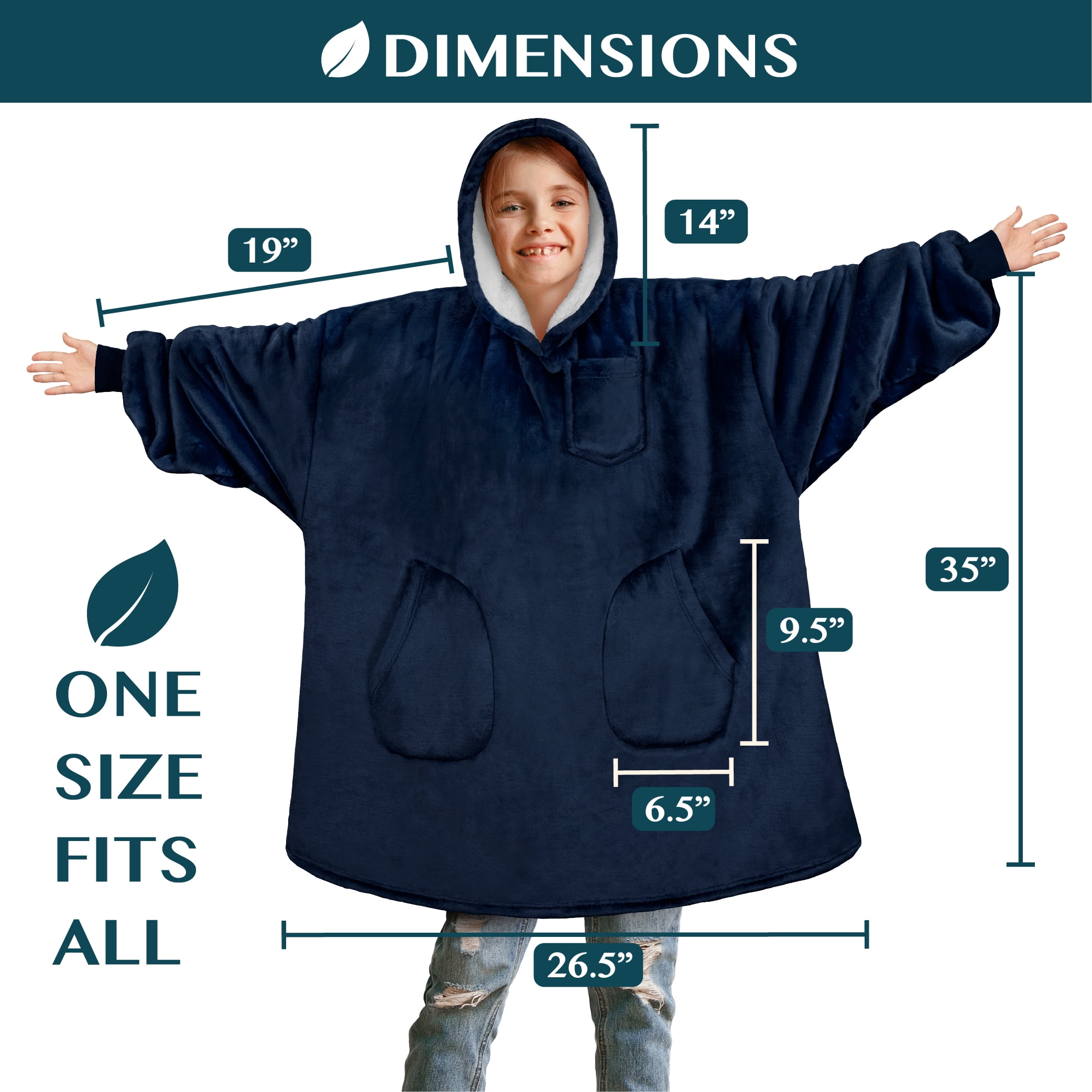 PAVILIA Wearable Blanket Sweatshirt for Kids Boy Girl, Warm Cozy Giant Hoodie with Two Pockets and Long Sleeves, Fleece Sherpa Oversized Hooded Blanket Pullover Gift for Teens Youths, Navy