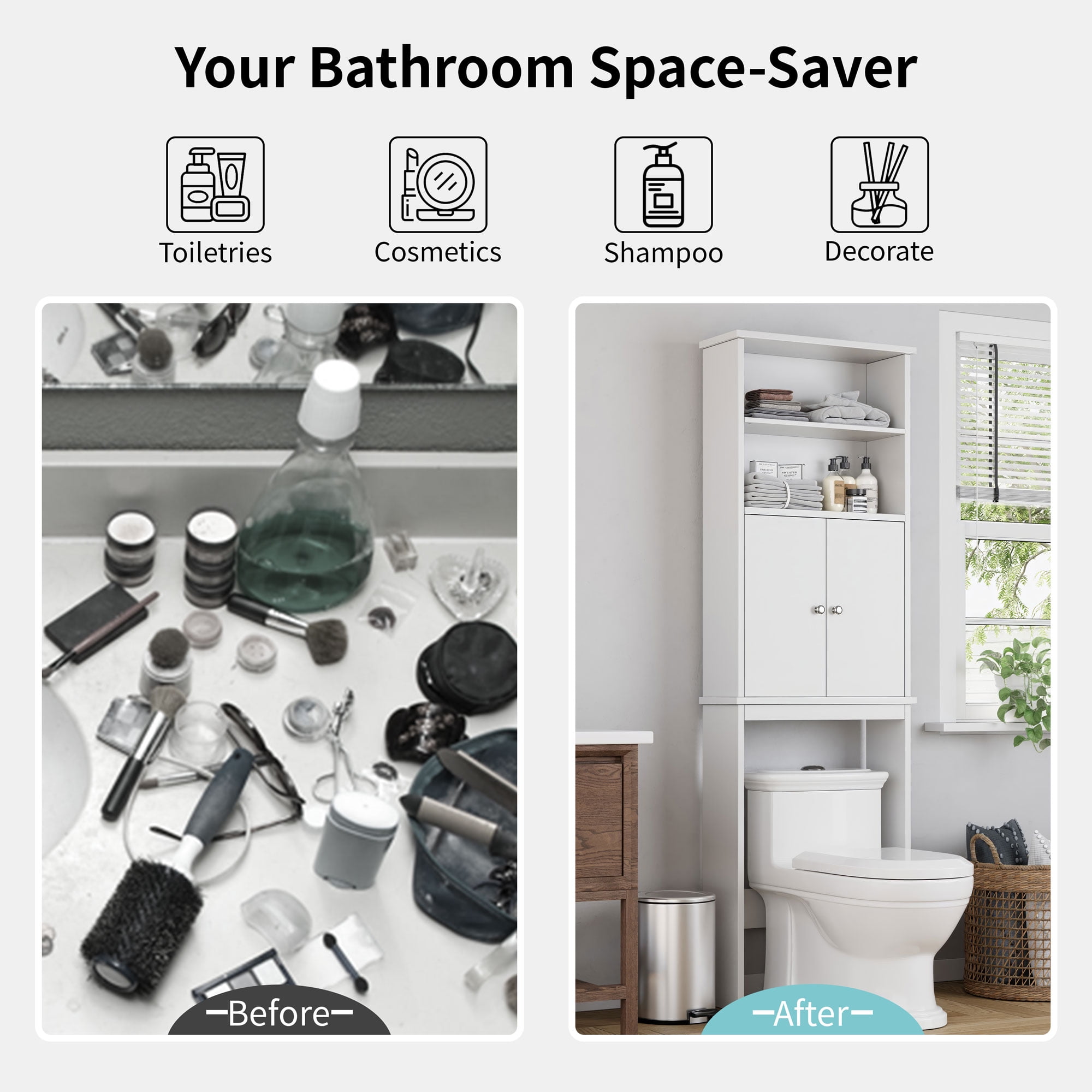 Walsunny Over the Toilet Storage Cabinets Wood Bathroom Organizer Shelf Rack Space Saver with 2 Doors 4 Shelves Anti-Tip Device White