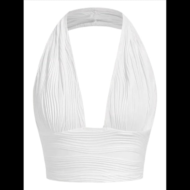 Chaleco Sin Mangas con Cuello en V Profundo para Mujer, de Verano, con Cuello Halter y Espalda Descubierta Marfil L