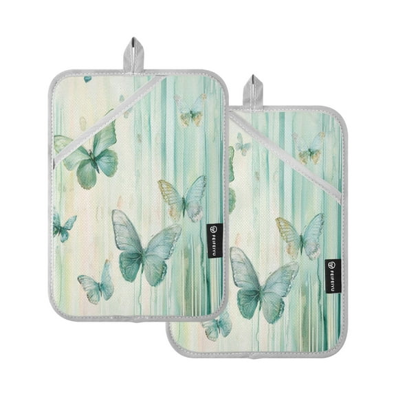 WOBOGO Light Green Butterfly Oven Mitts 2 Piece Heat Resistant 338 Degrees F Square Insulation Pads for A Wide Range of Cooking Occasions