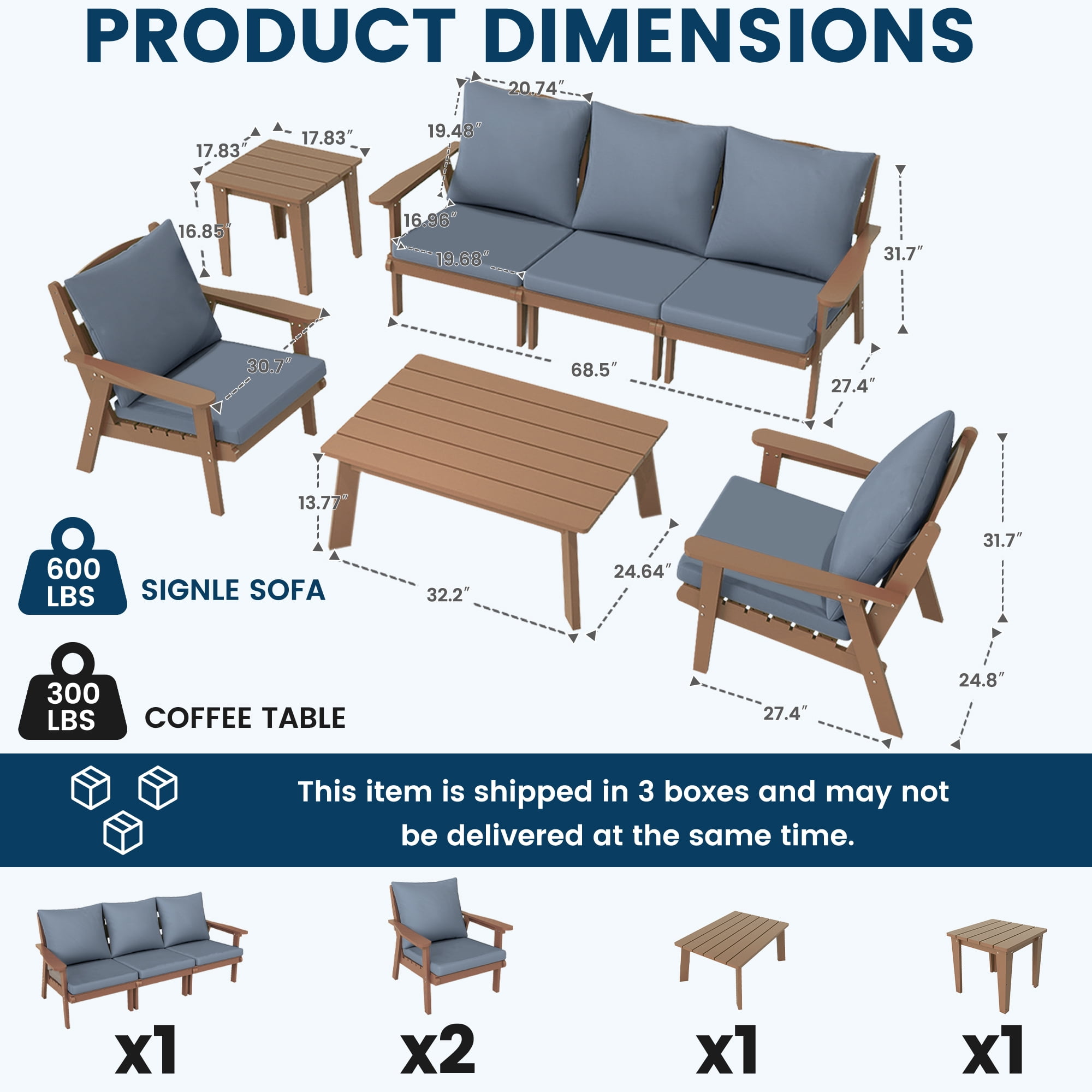 FOOWIN 7-Piece Patio Furniture Set, HDPE Outdoor Conversation Set with 5 Seating & Cushions, Perfect Patio Sofa Set for Garden, Porch, Backyard, Teak Frame with Grey Cushion