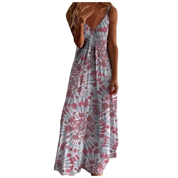 Gibobby Vestido de Verano para Mujer Vestido largo con estampado de flores y cuello en V sin mangas sexy de verano para mujer(Rosa caliente,XXL)