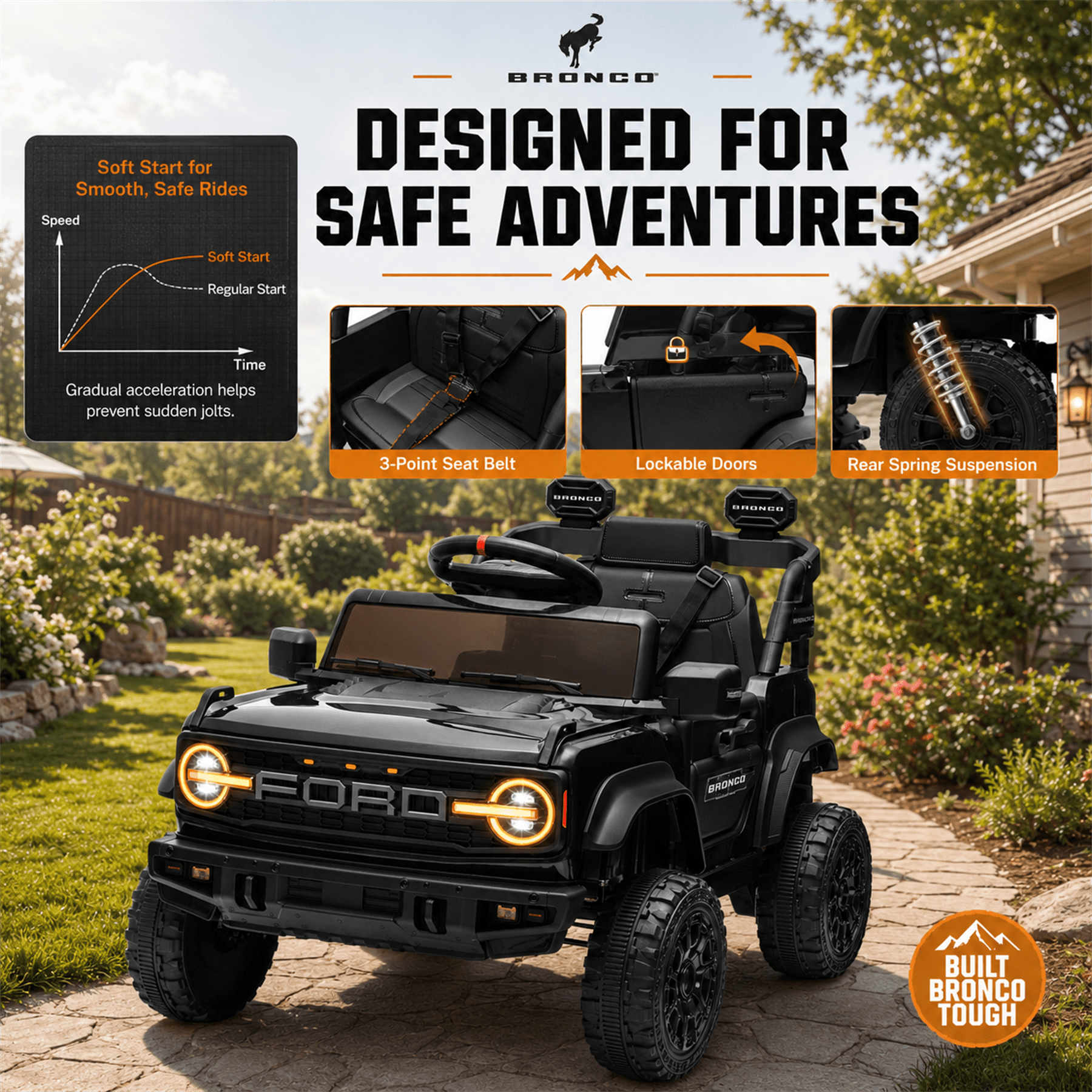 Conchico Licensed Ford Bronco Raptor 12V Kids Ride on Cars with Remote Control, Battery Powered Ride on Toys with All-Terrain Wheels, Toddler Electric Car with Music for Boys Girls 3-5, Black
