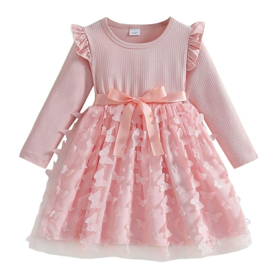 VNKIDY Girls Dress Toddler Adorable Solid Color Long Sleeve Dress Ribbed Bodice Ruffled Shoulders Bow Details Skirt For Daily Casual Festive Wear Leisure Dress