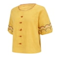 thumbnail image 4 of WTXUE Women'S Chinese Style Retro Embroidered 3/4 Sleeve Cotton and Linen Shirt Round Neck Button Down Top Tunic Shirts Embroidered Blouses Work Shirt Casual Blouses Casual Blouses Yellow Xxl, 4 of 9