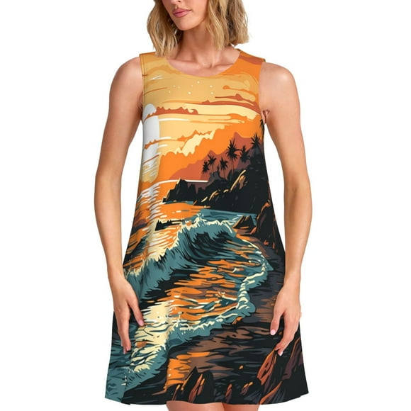 Fotbe Serene Ocean Sunset Vestido de Verano sin Mangas para Mujer – Vestido Midi Línea A, Estilo Camiseta Floral, Vestido Playero Casual y Fluido
