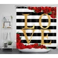 thumbnail image 2 of Valentines Day Red Rose Flower Shower Curtain Set Floral Green Leaves Gold Love Black White Stripe Bathroom Curtain with Hooks 72x72 inch Waterproof Polyester Fabric Bathroom Decorations, 2 of 6