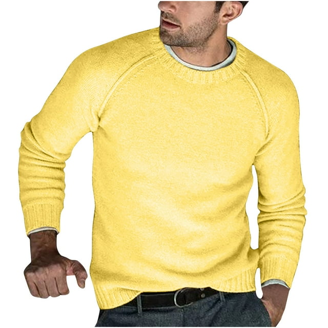 Rbaofujie Chandail pour Hommes en Tricot à Col Rond, Chandail à Enfiler Décontracté Uni, Chandail de Base, Chandail Jaune, Chandails à Capuchon pour Ados