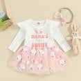 thumbnail image 2 of Bagilaanoe Newborn Easter Outfits Baby Girl Rompers Dress Print Long Sleeve Bodysuits + Headband 3M 6M 12M 18M 24M Infant Patchwork A-line Dresses, 2 of 7
