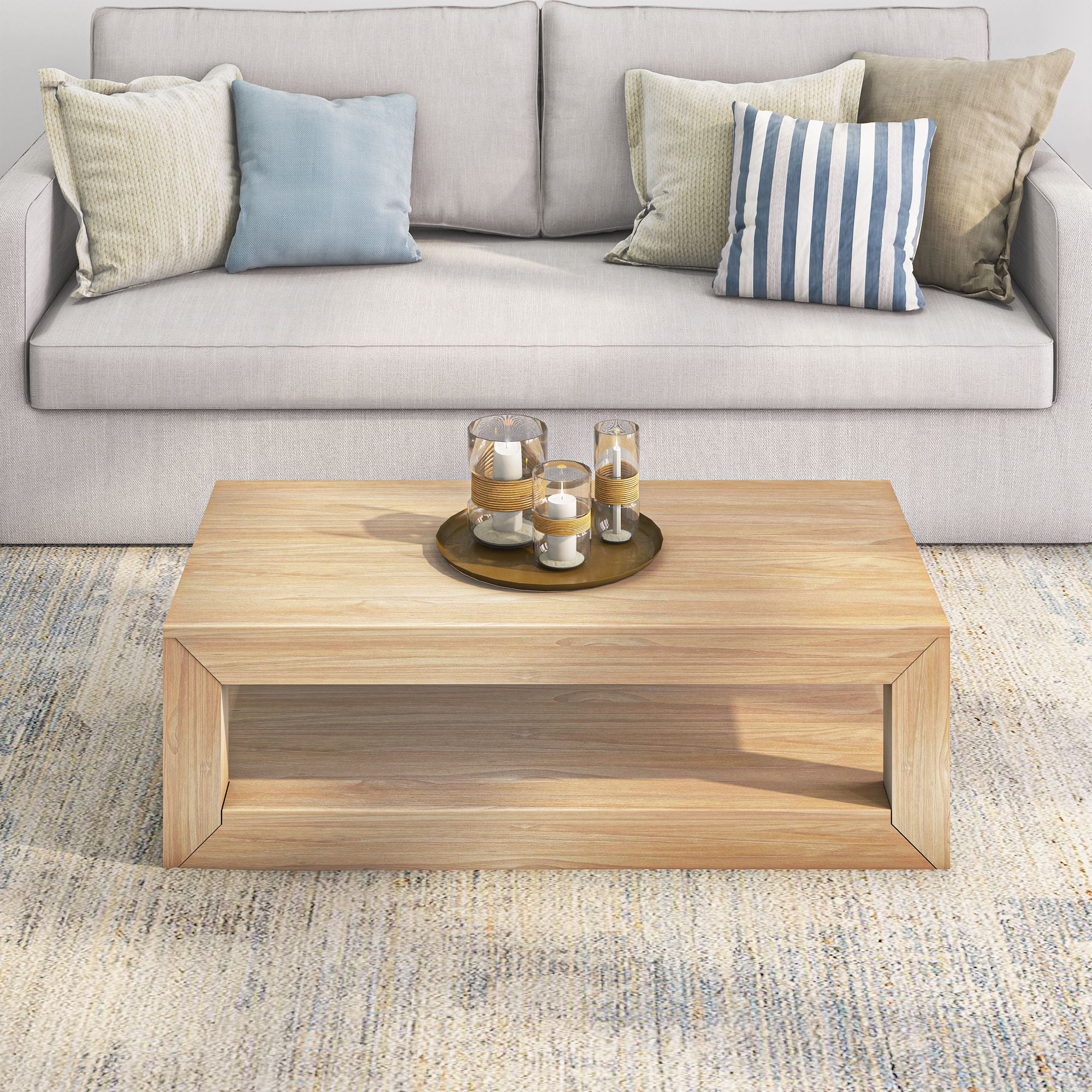 Plank+Beam Solid Wood Modern Coffee Table with Storage Shelf, 48" Rectangular Coffee Table for Living Room