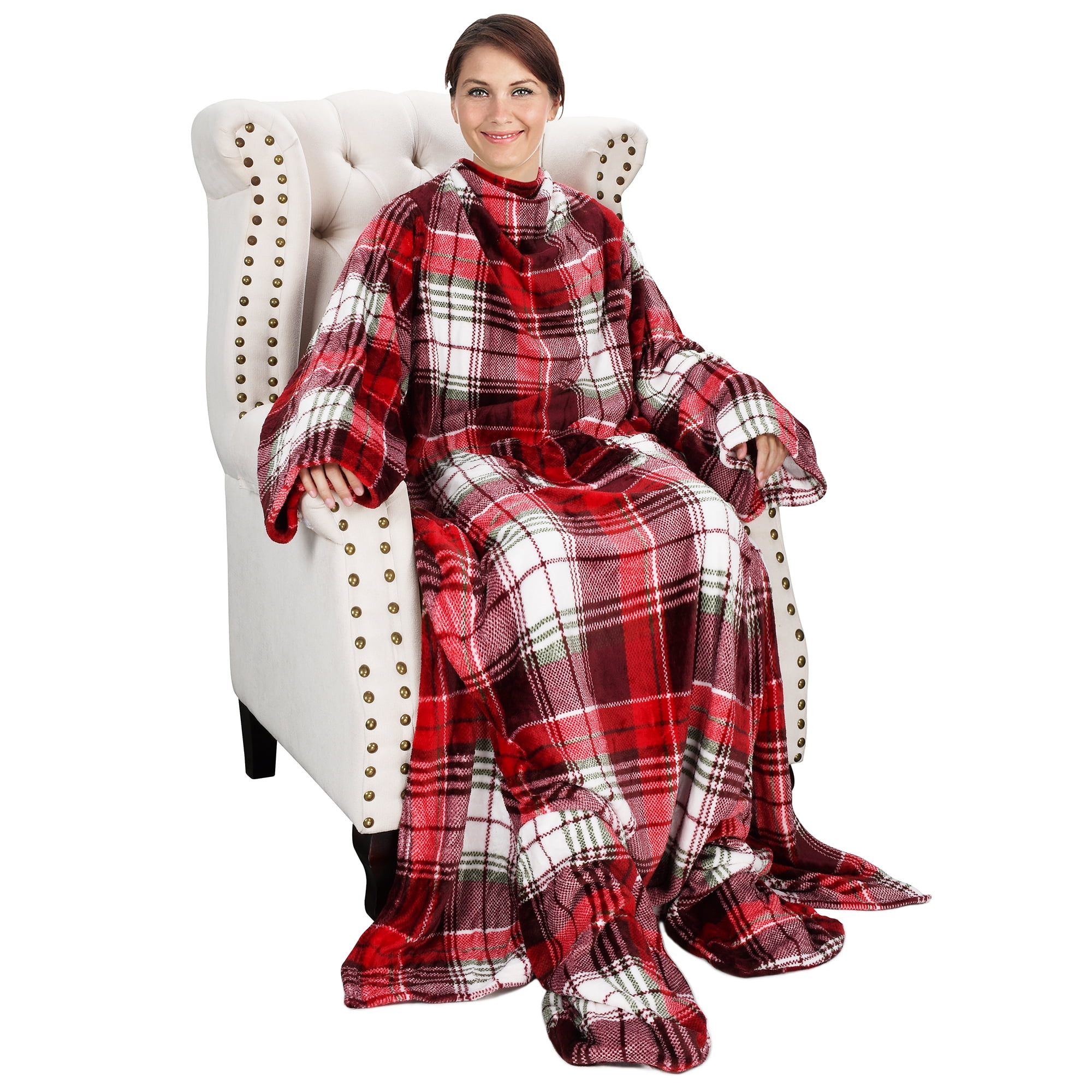 Catalonia Wearable Fleece Blanket with Sleeves and Foot Pockets for Adult Women and Men, Micro Plush Comfy Wrap Sleeved Throw Blanket Robe, Large, Red Plaid, 75" x 53"