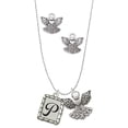 thumbnail image 1 of Delight Jewelry Silvertone Pebble Border Initial - P Silver tone Guardian Angel Charm Necklace and Stud Earrings, 1 of 4