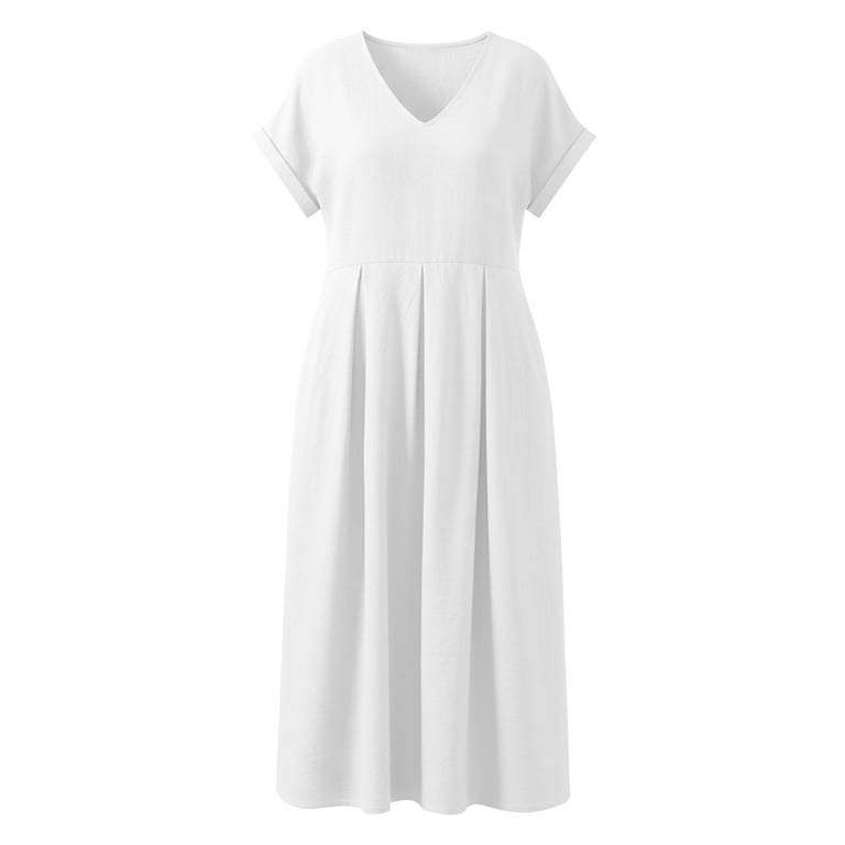 Vekdone Short Sleeve V Neck Beach Dresses Solid Color Pleated Flowing Sundress Casual Loose Fit Over Knee Maxi Dress with Pockets White XXL, Women's, Vekdone Short Sleeve V Neck Beach Dresses Solid Color Pleated Flowing Sundress Casual Loose Fit Over Knee Maxi Dress with Pockets White XXL, Women's,