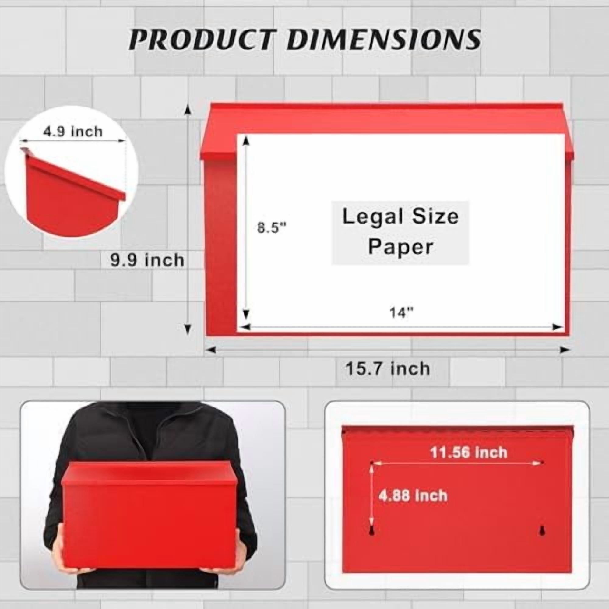 Wall-Mount Mailbox, Large Capacity Mail Box, Galvanized Steel Rust-Proof Metal Post Box, Mailboxes for Outside,15.7"x9.9"x4.9" Red