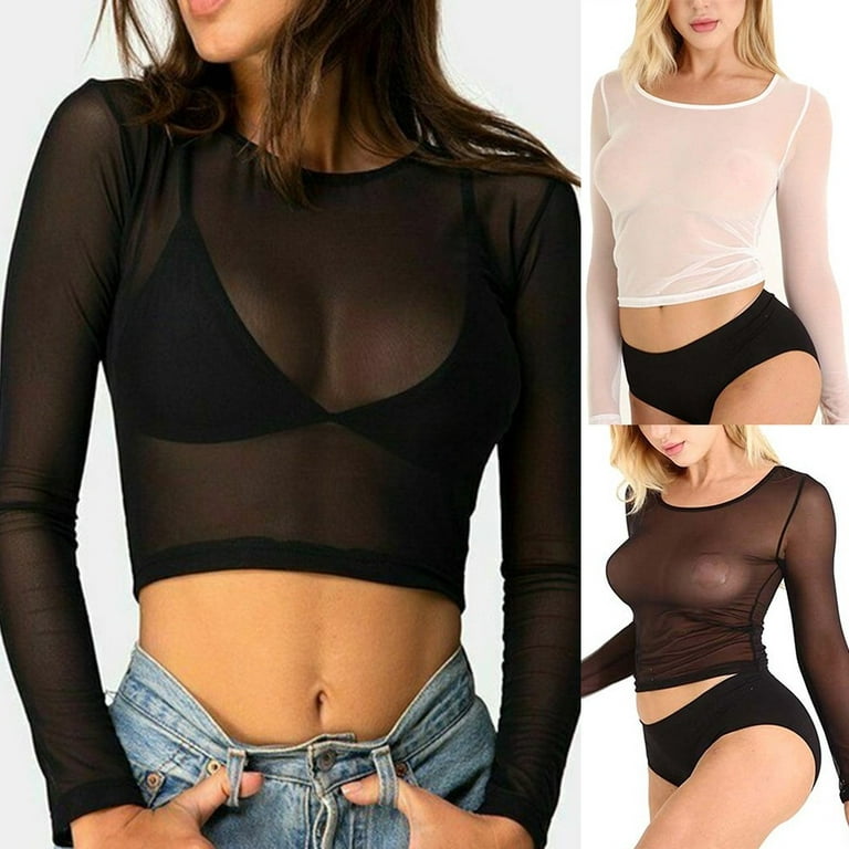 Ana Womens Mesh See Through Long Sleeve Blouse Sheer Sexy Tee T-shirt Crop  Tops