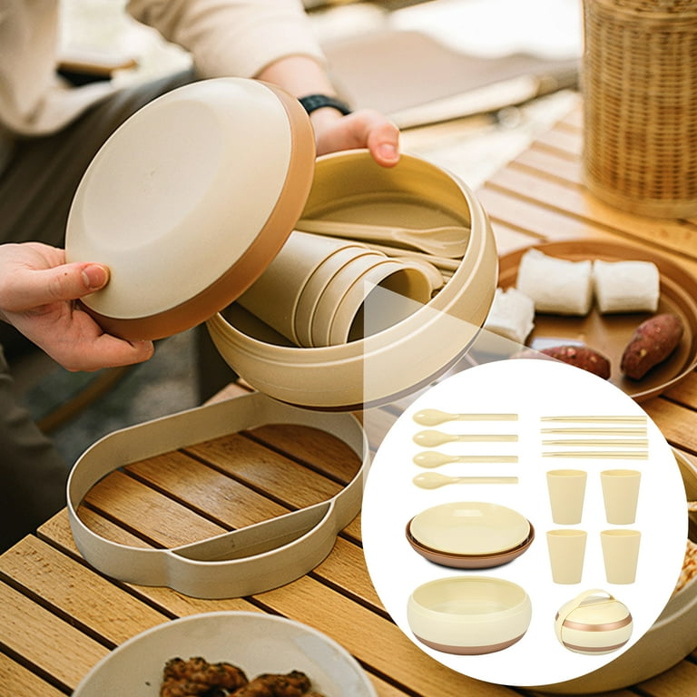 17Pcs Camping Dinner Set for 4 People Camping Plates and Bowls Set Stackable Picnic Dinner Set Lightweight Camping Crockery Set Includes Plates Bowls