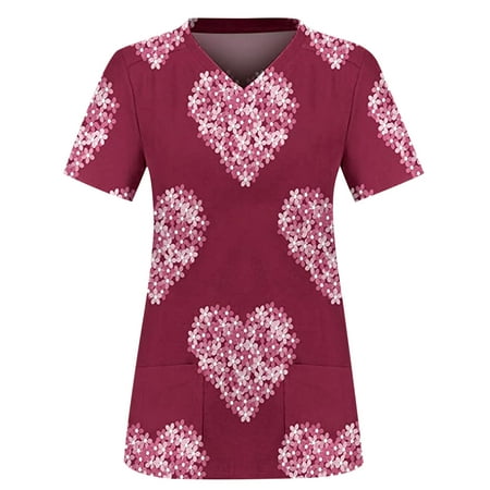 

LWZWM Women s Short Sleeve V Neck Scrub Tops Valentine s Day Workwear Love Heart Print Shirts Working Uniform Nurse Blouse Fashion Women s V-Neck Casual Short Sleeve Printed Pocket