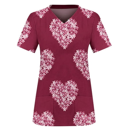 

qucoqpe Casual Scrubs Tops for Women Fashion Women s V-Neck Casual Short Sleeve Printed Pockets Ladies Tops Blouse Plus Size Joggers Shirts on Clearance