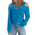 thumbnail image 2 of Lovskoo Long Sleeve Shirts for Women Cusal Round Neck Cold Shoulder Lightweight Sweatshirts Solid Color Pullover Tops Blue, 2 of 6
