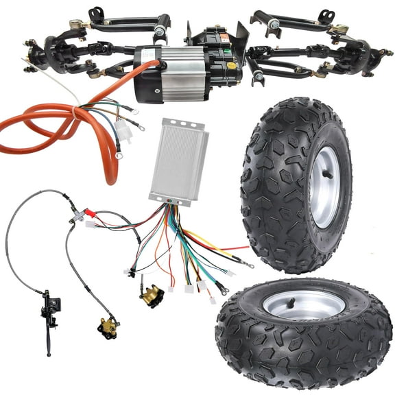 Front Axle Kit 4 Wheel Drive Half Axle Assembly Shock Swingarm Tie Rod & 48V 1000W Differential Motor Controller Brake & 145/70-6 Wheels Tires for Electric Go Kart ATV Quad Buggy Snowmobile