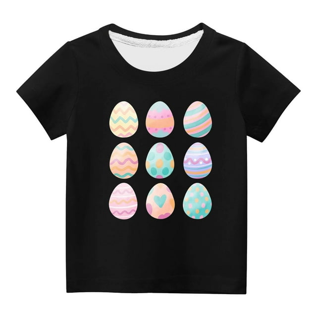 Penkiiy T-Shirts de Pâques pour Enfants Garçons Filles Mode Œufs de Pâques Imprimé Col Rond Manches Courtes 7 Ans Noir