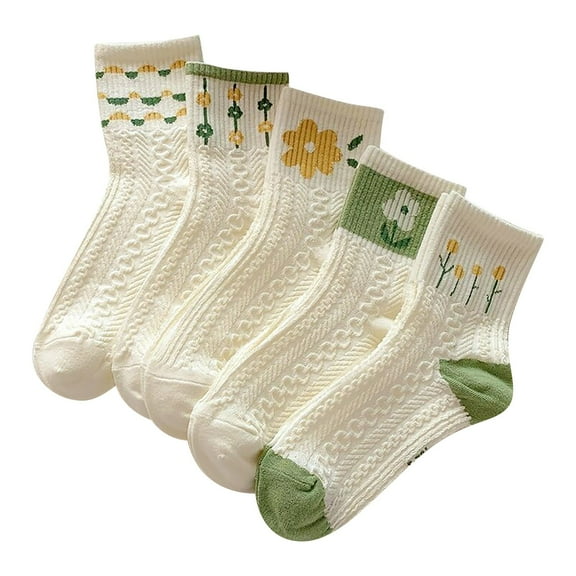 Generic 5 Pairs Fashion Mid-Calf Socks For Ladies White Cute Socks Women's Lace Ruffles Ankle Casual Sock Breathable Mid Tube Socks Floral Crew Socks