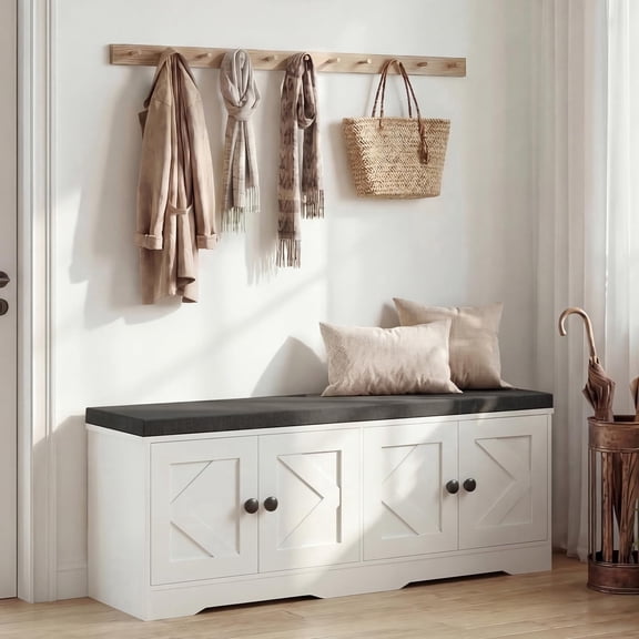 Apicizon 47.36" Shoe Storage Bench with Cushion Seat, 2‑Tier Cabinet with 4 Barn Doors & Adjustable Shelves, Beige‑White