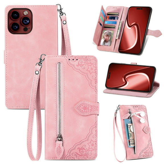 Phone Case for iPhone 15 Pro Max, Shockproof PU Leather Wallet Case with Card Slots Anti-Scratch Stand Magnetic Flip Zipper Pocket Cover for iPhone 15 Pro Max, Pink