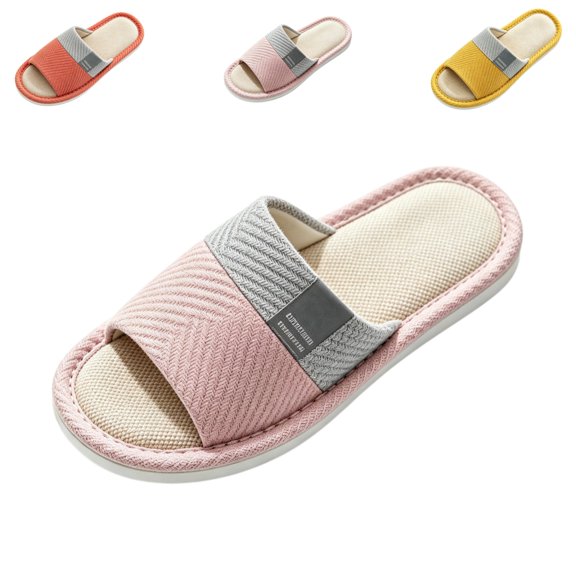 IEMIEMIEM Linen Slippers for Women Japanese Style Summer House Slippers Indoor Lightweight Open Toe Bathroom Slides Soft Sole Sandals for Home 6.5-7 wide
