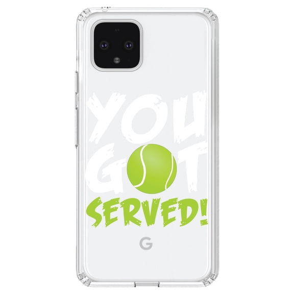 DistinctInk Clear Shockproof Hybrid Case for Google Pixel 4 (6.1" Screen) - TPU Bumper Acrylic Back Tempered Glass Screen Protector - You Got Served Tennis