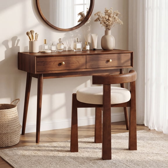 Tribesigns Wood Vanity Stool with Faux Wool Cushion, Upholstered Makeup Chair with Solid Wood Frame, for Bedroom, Living Room, Easy Assembly