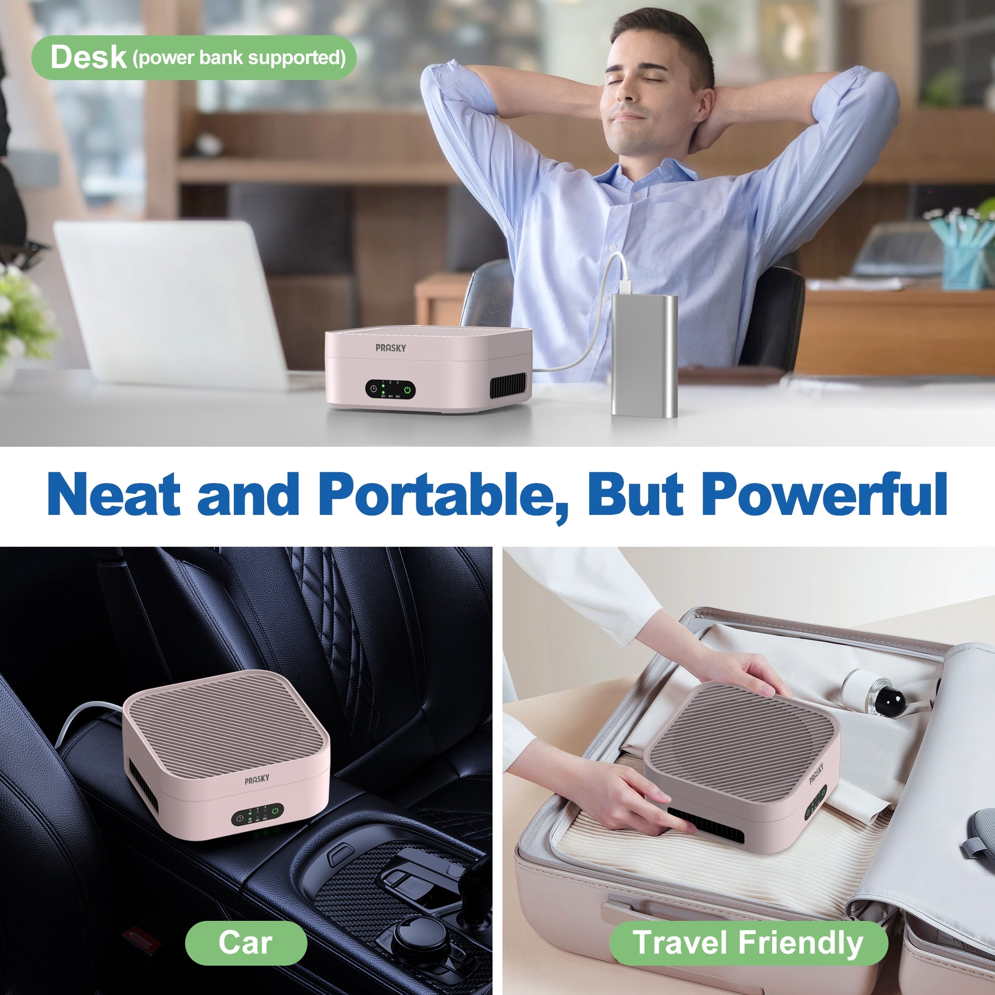 PRASKY Air Purifier for Home 600 Sq Ft Coverage, True HEPA Filter for Pets, Smoke & Allergies | Quiet & Portable for Bedroom/Travel/Car (Pink)