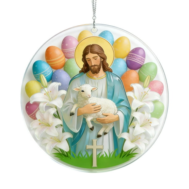 Adorno de Pascua de Jesús con huevos de conejito cristianos, coloridos huevos de Pascua y adorno de conejo estilo vitral, adornos de lirio/cruz con temática de Dios, regalos religiosos navideños cató