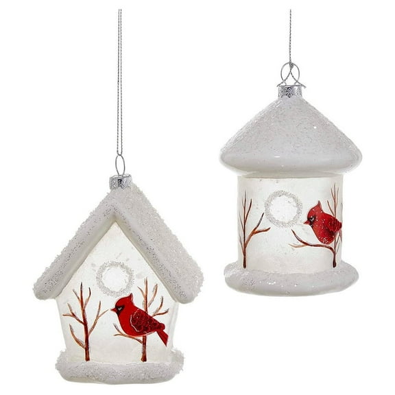 Kurt Adler White Birdhouse w/ Cardinals Holiday Ornament Set (2 Pack)
