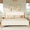 thumbnail image 2 of White Boucle Queen Platform Bed Frame with Wood Legs, Upholstered Low Profile Bed, No Box Spring Needed, Modern Bedroom Furniture, 2 of 10