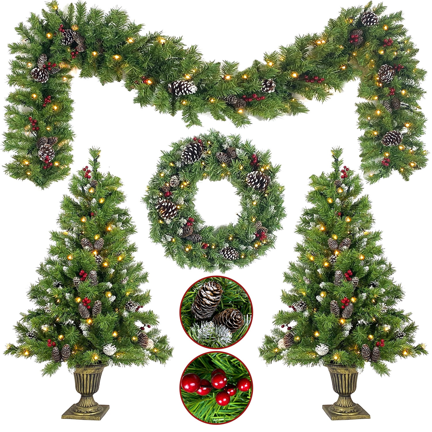 Kadyn 4-Piece Pre-lit Set Christmas Decorations, Christmas Fireplace Decorations, Front Porch Christmas Decorations, Artificial Christmas Garland, Wreath and Set of 2 4ft Christmas Tree, Green