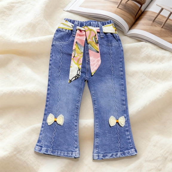 ITSAME Girls Flared Jeans, with Pocket Elastic Waist Drawstring Casual Fashion Denim Pants Blue 5-6T