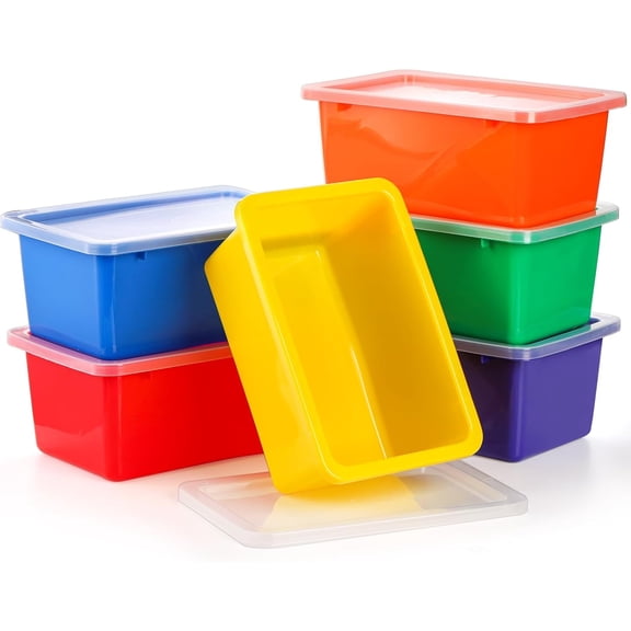 6 Pack Small Cubby Bins Storage Bins with Lids, 5 Qt Plastic Storage Bins Colorful Toy Storage Containers, Stackable Organizer Cubbies for Classroom Home