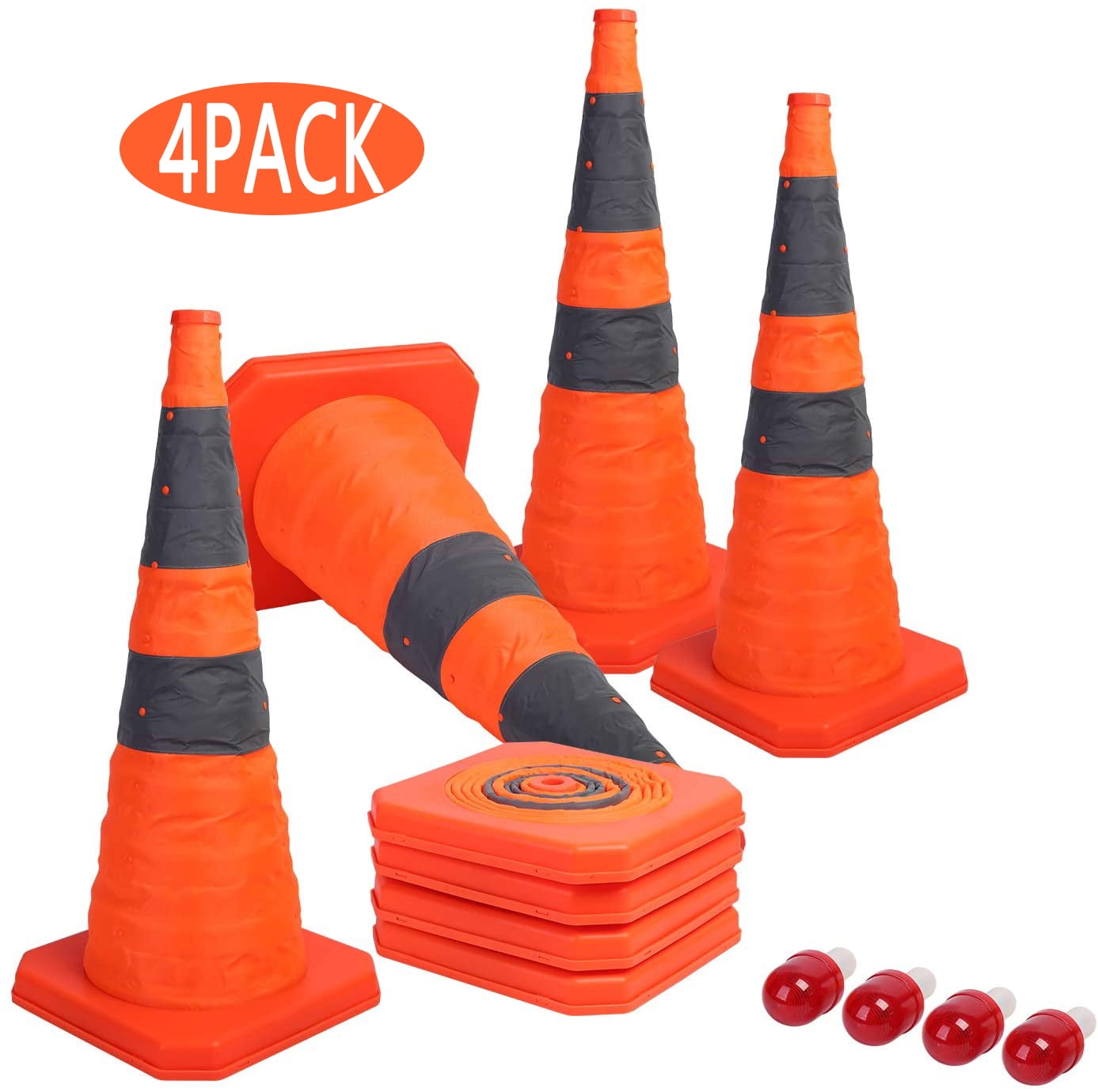 Brizi Living 28 Inch Collapsible Traffic Cones with LED Light, 4 Pack