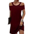 thumbnail image 1 of Womens Plain Cold Shoulder Short Sleeve Mini Dress Summer Casual Shift Dresses-DF, 1 of 4