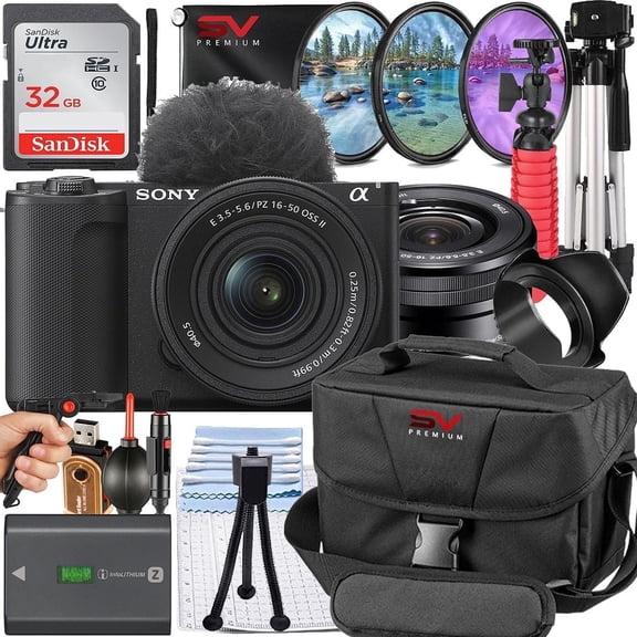Sony ZV-E10 II Mirrorless Camera (Black) with 16-50mm Lens   SanDisk 32GB Memory Card   Pistol Grip Tripod   SV Premium Accessory Bundle