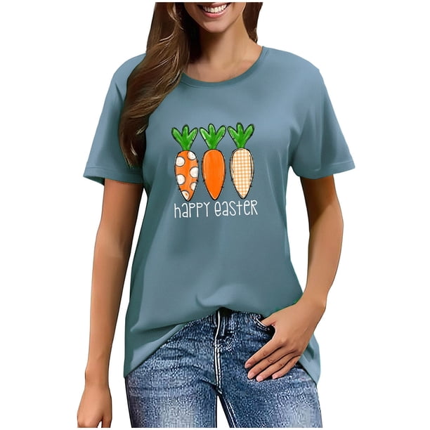 Mujeres Manga Corta de Verano Tops Pascua Impresa Cuello Redondo, Blusa de Moda Casual para la Primavera