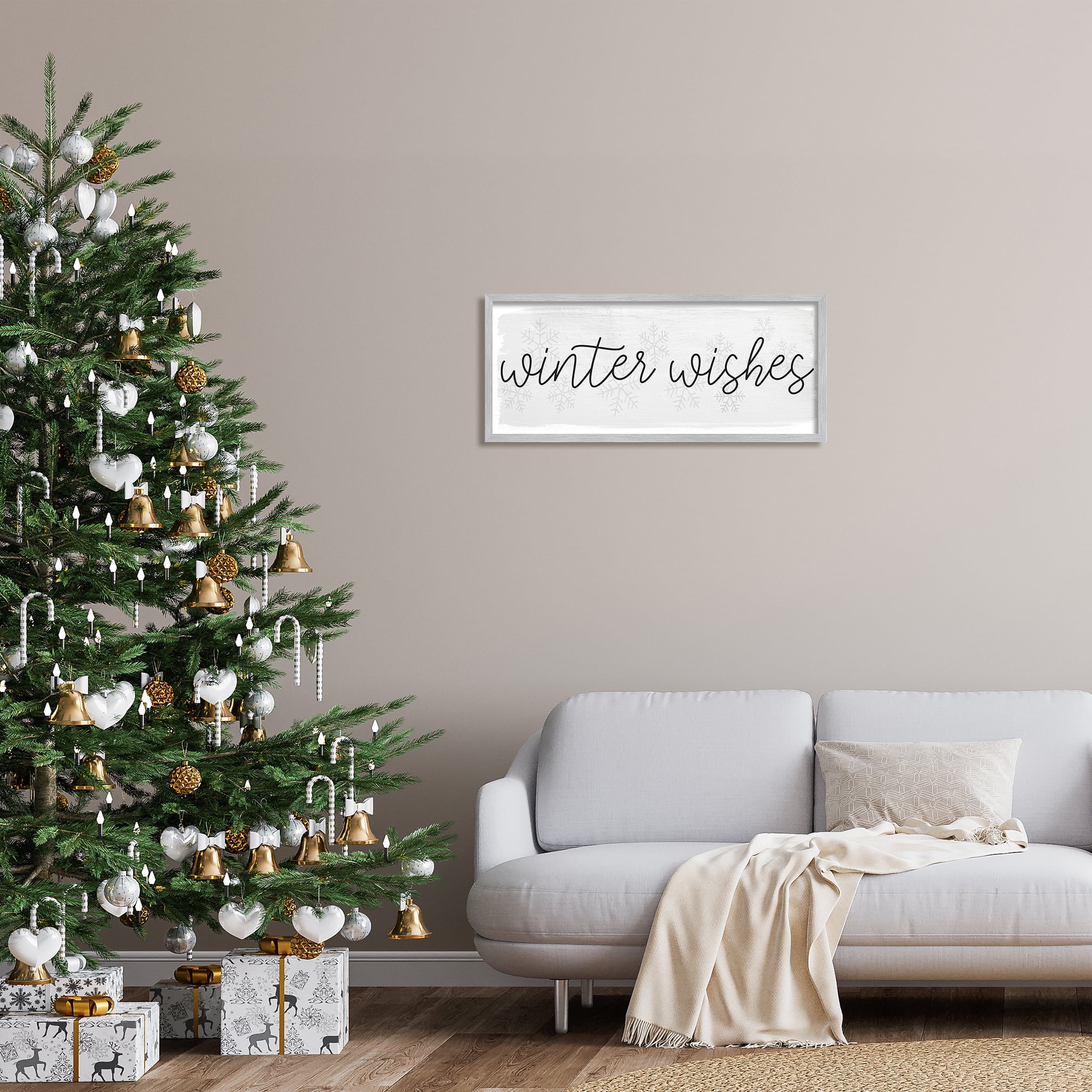 Stupell Industries Winter Wishes Sentiments Geometric Snow Flakes Cursive Typography Graphic Art Gray Framed Art Print Wall Art, 30x13, by Daphne Polselli