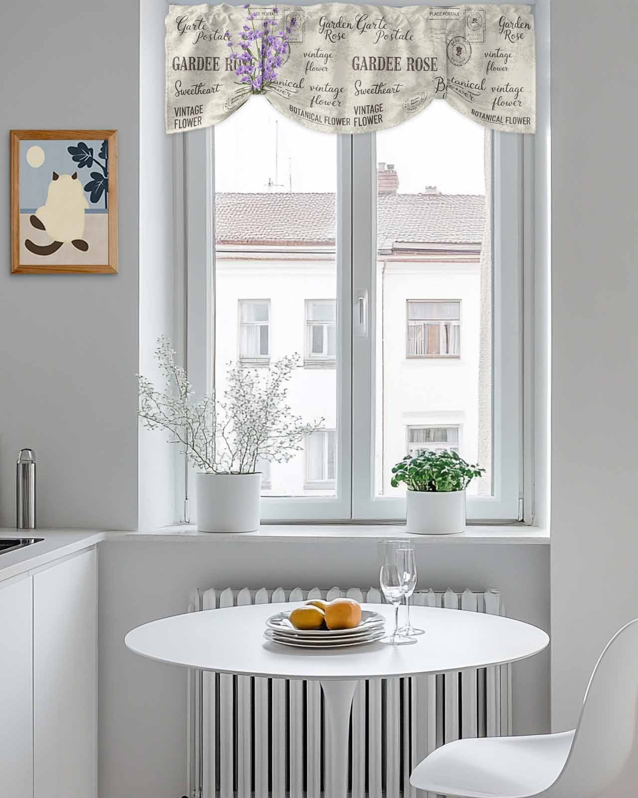 Purple Lavender Tie Up Valances Curtain, Vintage Letter Texture Flowers Floral Kitchen Valances for Windows Decor, Rod Pocket Short Curtains Set for Bedroom/Bathroom, 54"x18"