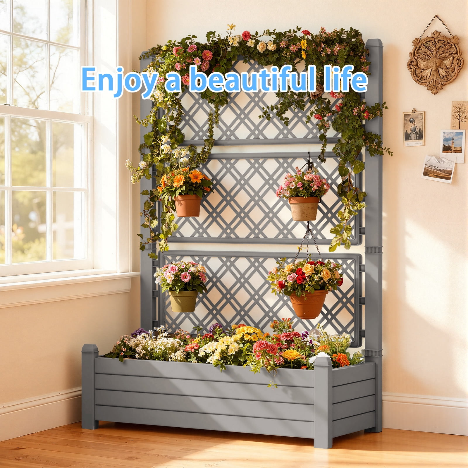 MAYEERTY Freestanding Raised Garden Bed with Trellis, Built-In Water Storage Planter for Climbing Plants Vegetables Flowers Garden Yard