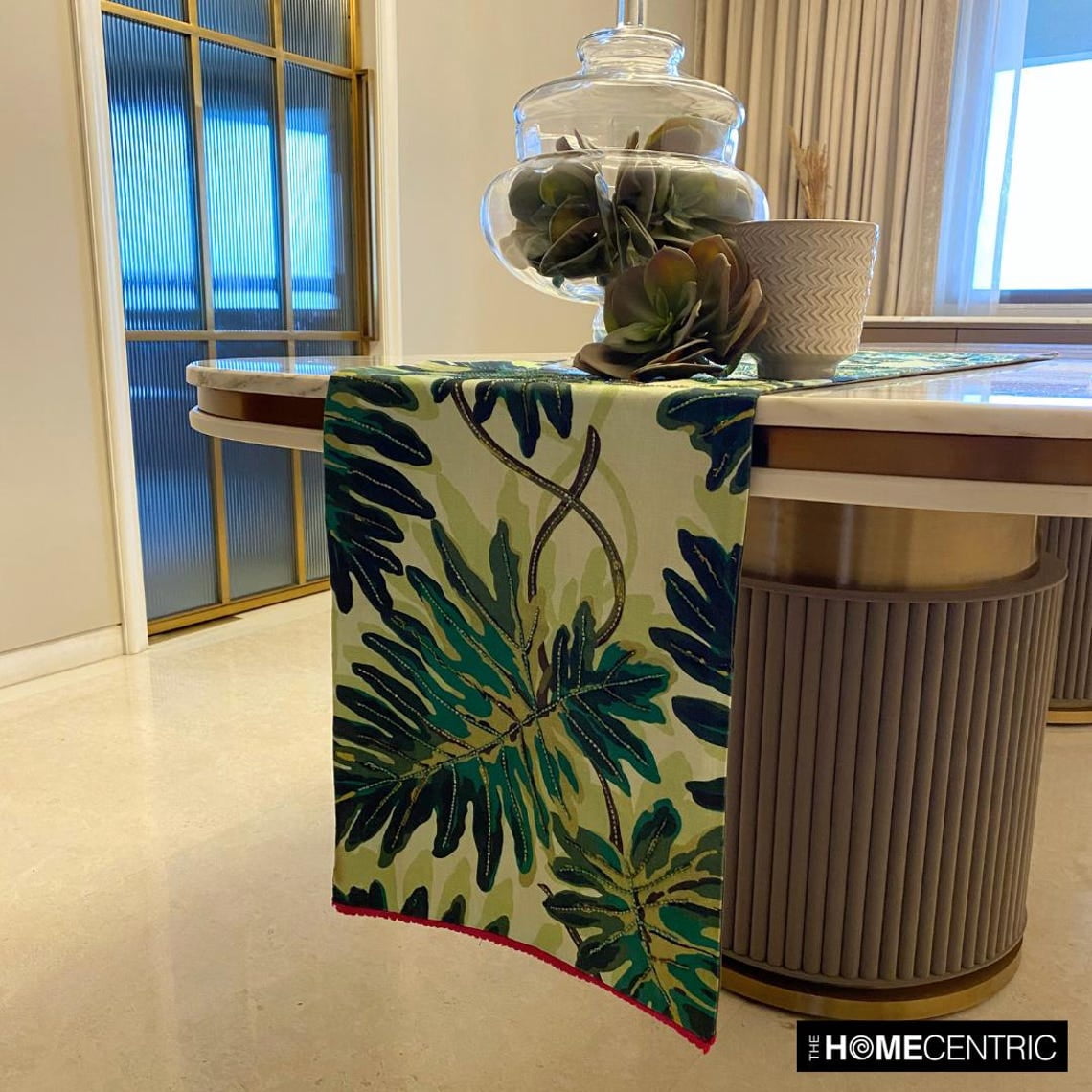 Tropical Printed Cotton Table Runner with Bead Embroidery and Lace Green Printed Cotton 14 x 72 inch long, Wedding Decor Table Linen Modern Table Runner - Tropically