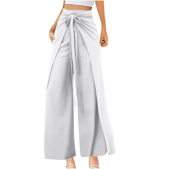 ABATAB Palazzo Pants for Women Casual High Waisted Wide Leg Yoga Pants Bowtie Baggy Trendy Trousers with Pockets