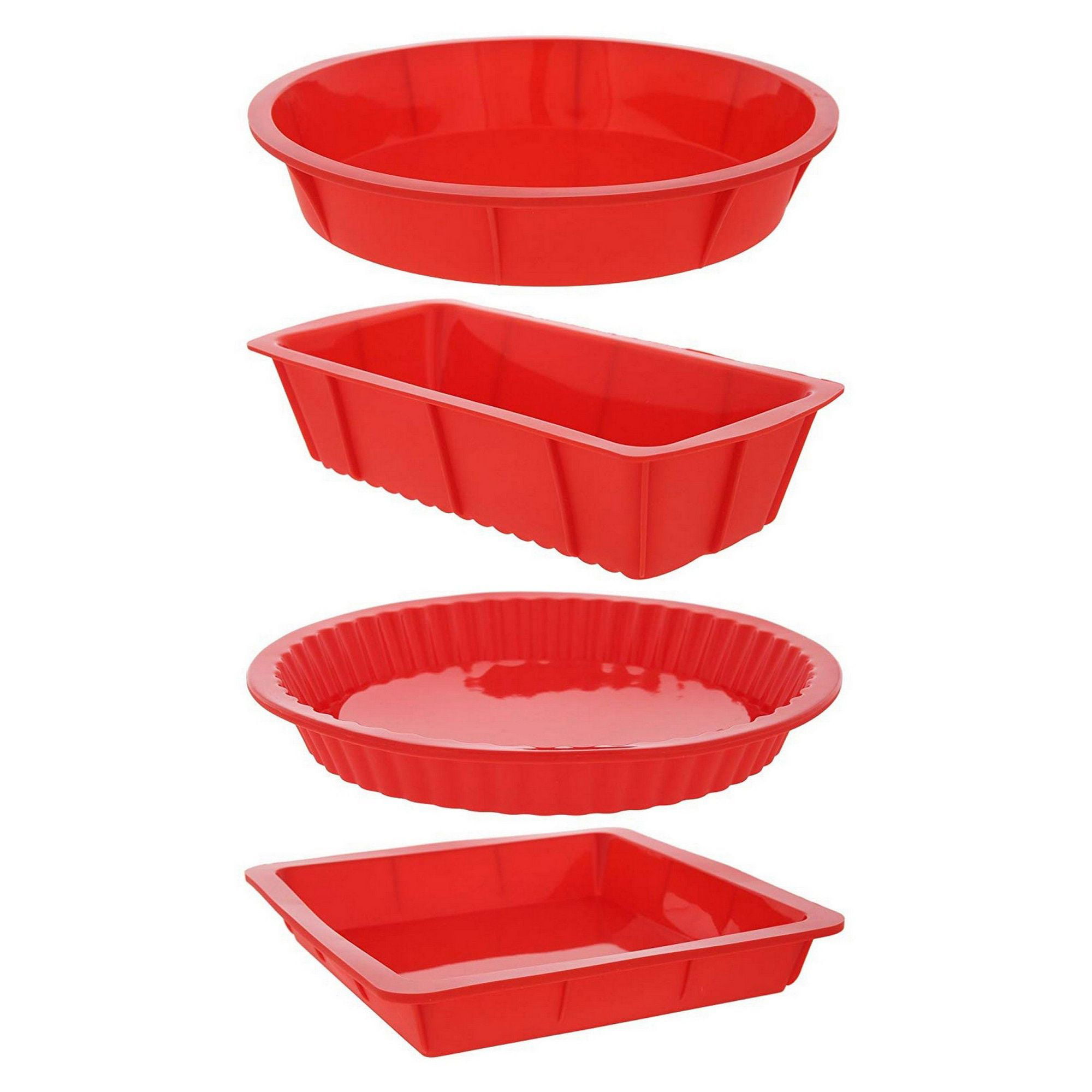 4 Piece Nonstick Silicone Bakeware Set Baking Molds with Round, Square and Rectangular Cake Mold Pan, Red
