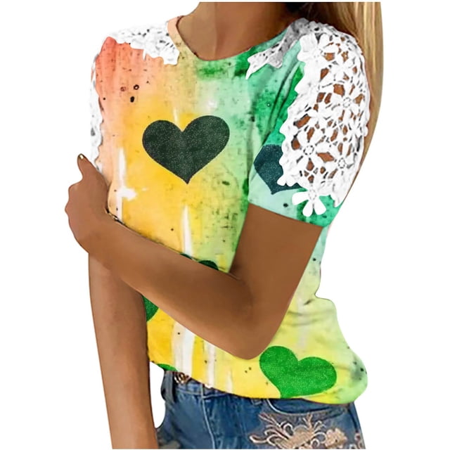 Camisas de Manga Corta para las Mujeres Impresión Cuello Redondo Suéter Encaje Blusa, Top Casual para el Hogar Y Diario