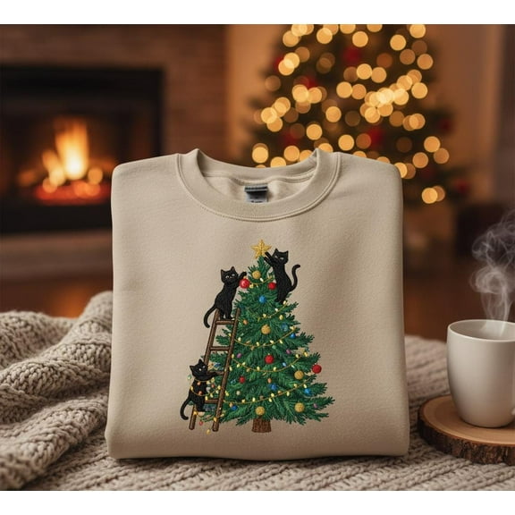 Custom Black Cats Christmas Tree Sweatshirt Embroidered Holiday Pullover for Cat Lovers and Festive Winter Style